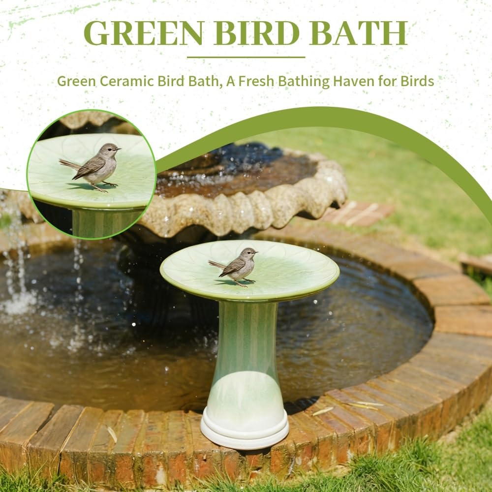 Baño para pájaros (cerámica, hecho a mano, lavabo, para relieve, floral, 43 x 45 cm, esmaltado brillante, verde claro, degradado, resistente a las heladas y a las temperías para jardín y