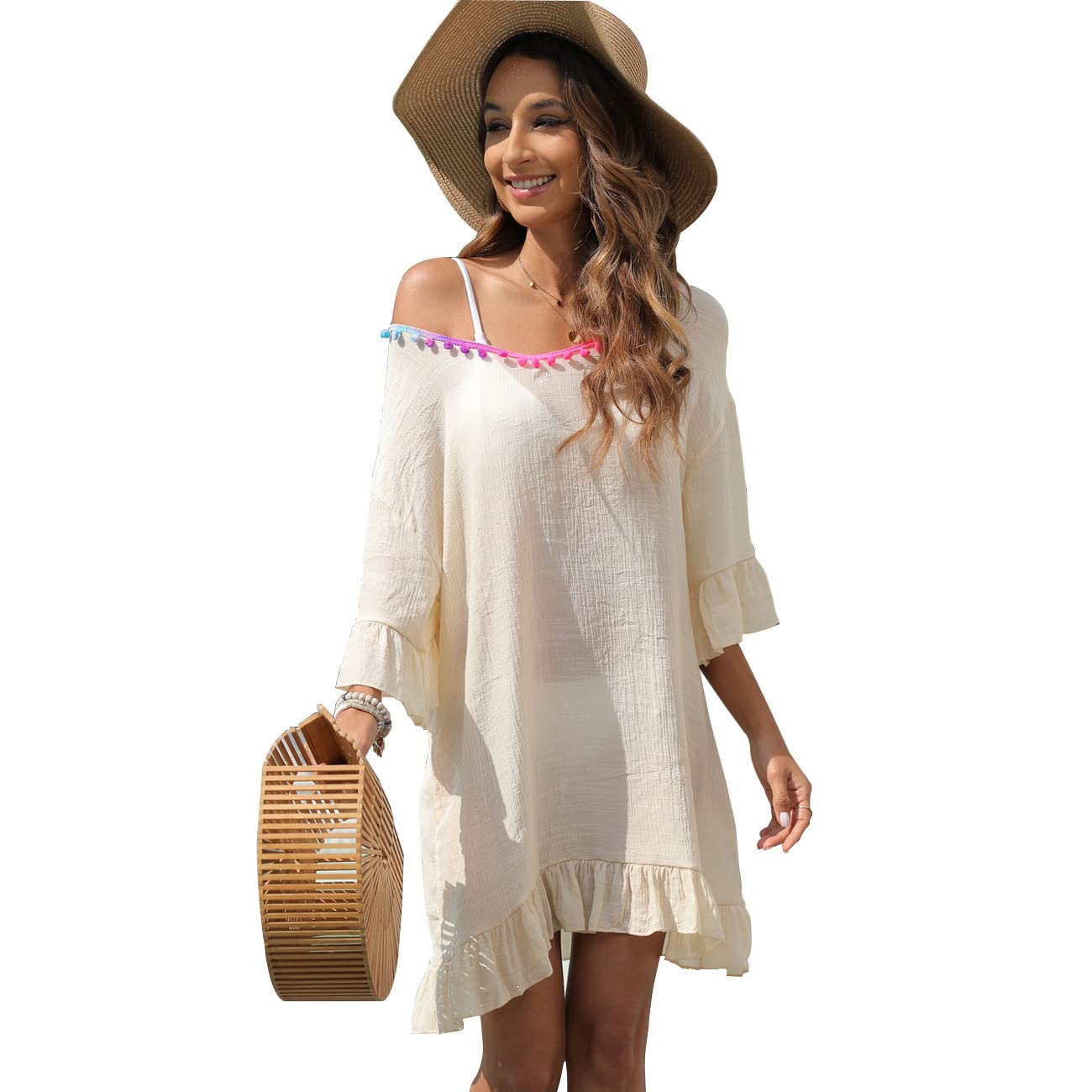 RPAEOY Vestido de Playa para Mujer Borla Volantes Algodón Suelto Ropa de Baño Playa Traje de Baño Vestido de Bikini Camisolas y Pareos Sexy Beach Bikini Cover up