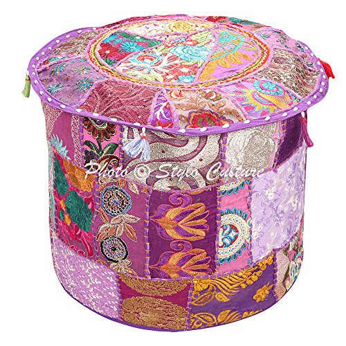 Stylo Culture Ottoman Indien Pouffe Tissu Couverture de Pouf Violet Coton Patchwork Traditionnel Pouf Rond Pouf (18x18x13 Pouce) 45cm