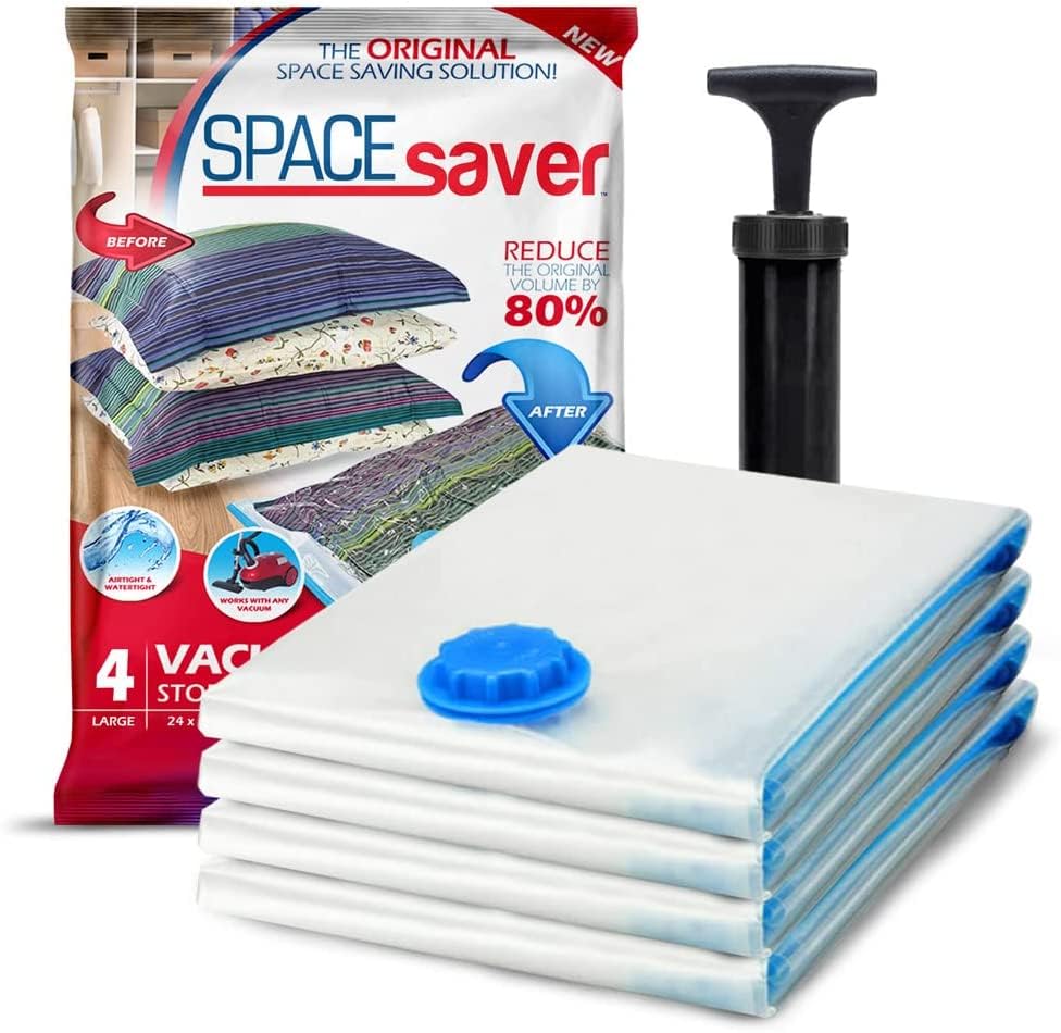 SpaceSaver Vacuum Storage Bags - Clothes Storage Bag Vacuum Pack - Space Saver Vacuum Storage Bags for Clothes Storage, Vacuum Bags for Bedding - Vacuum Bags for Clothes - with Pump (JUMBO 4-Pack)