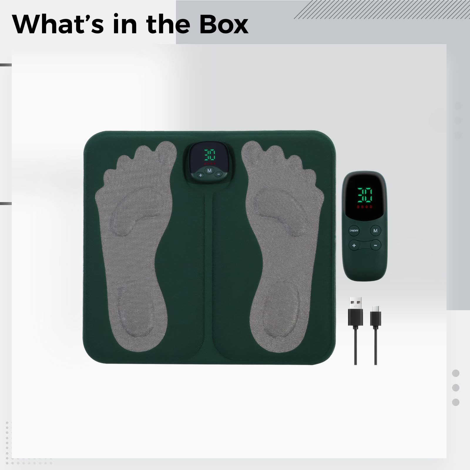 Masseur de pieds pour neuropathie, thérapie par pouls et tapis d'acupression, télécommande sans fil, rechargeable, vert, avec unité principale, télécommande, câble USB