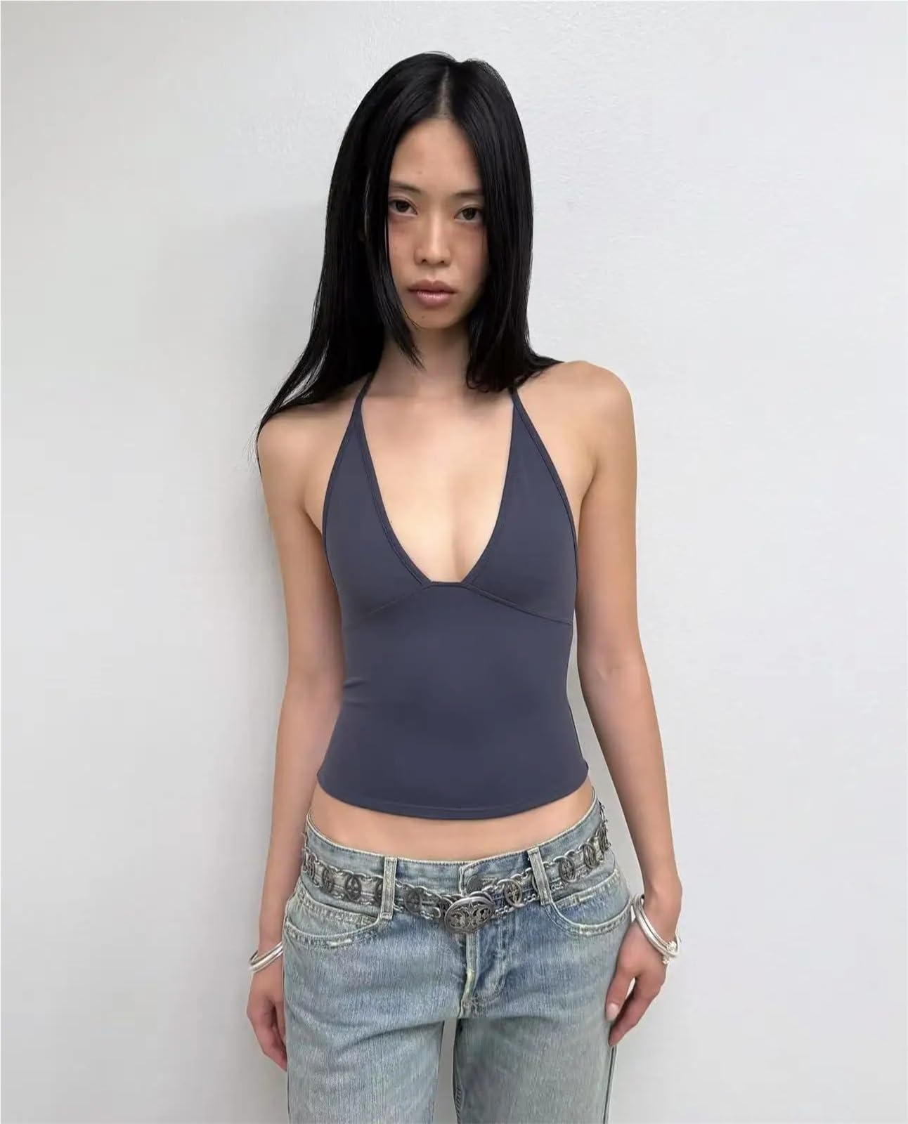 Top Halter Mujer Top sin Espalda Camiseta Mangas Copa Triangular Halter Cuello en V Crop Mismo Estilo Tiras Corte bajo