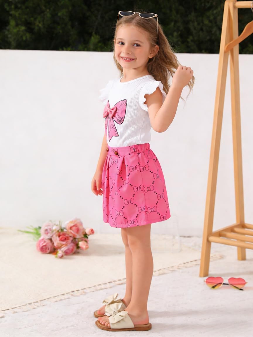 Toddler Girls Clothes Cap Sleeve T-Shirt + Bowknot Print 2pcs Summer Shorts Outfit Set For Girls, Size 4-8 Years Pink 6-7 Years image 3 of 6 B0G6YZMSMX