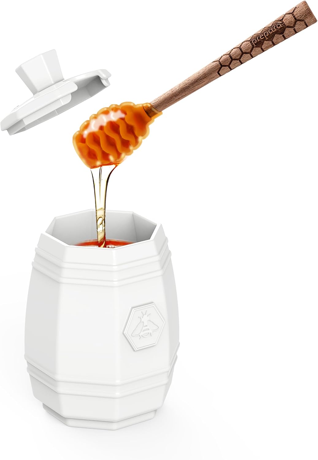 Prepara Ceramic Honey Pot and Dipper Set, Wood/Silicone