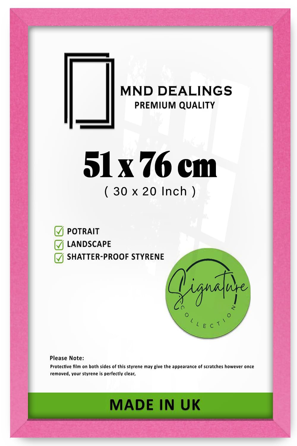 MND Dealings | Classic MDF Pink Poster Frame | (51 x 76 CM) Wood Finish, Rectangle | Backboard & Perspex, Metal Clip Included 30 x 20 - [ Pink ]
