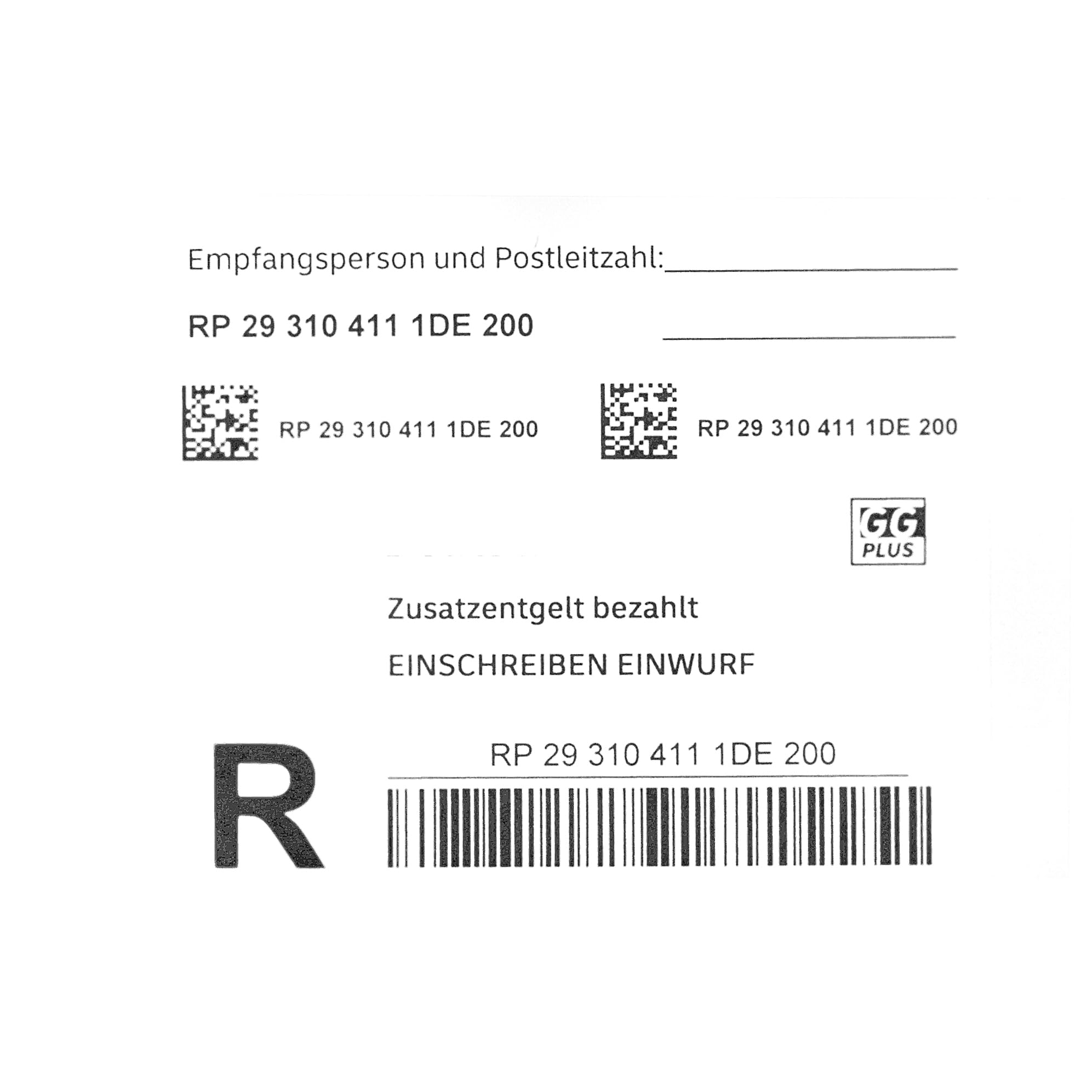 10 Stück selbstklebende Post Einschreiben-Briefmarken Einschreiben-Marken Porto Etiketten Label Aufkleber mit Barcode im Block | Versicherung bis 25 EUR | Zustellung per Einwurf