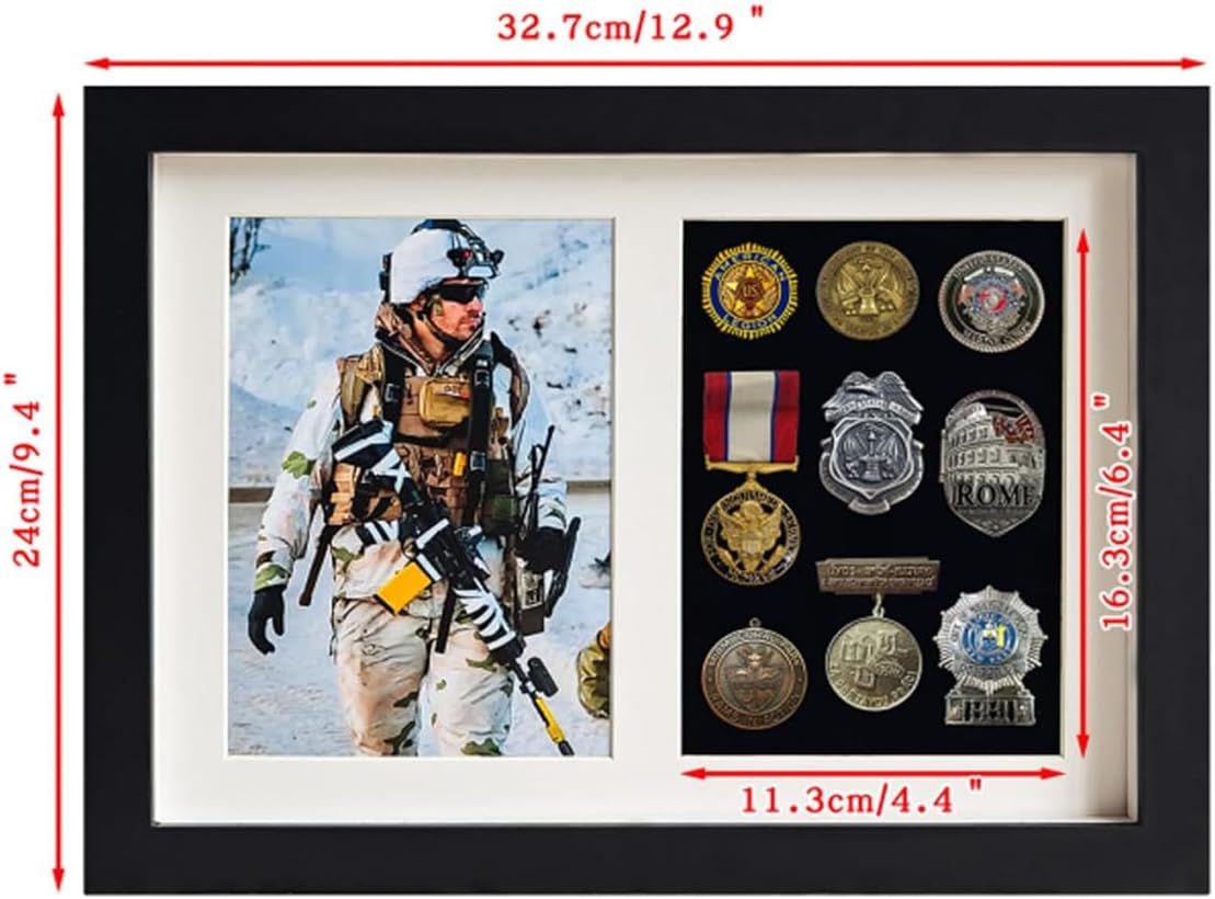 Shadow Box Medals Display Case,Wooden 12.9" X 9.4" Pin Military Display Case,with 5X7 Photo Frame,98% UV Protection (Black)