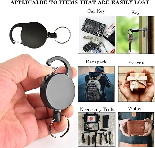 Miniatura 4 de 2 llaveros retráctiles, llaveros robustos y resistentes, llavero retráctil, clip para cinturón con mosquetón multiherramienta, cordón de 25 pulgadas