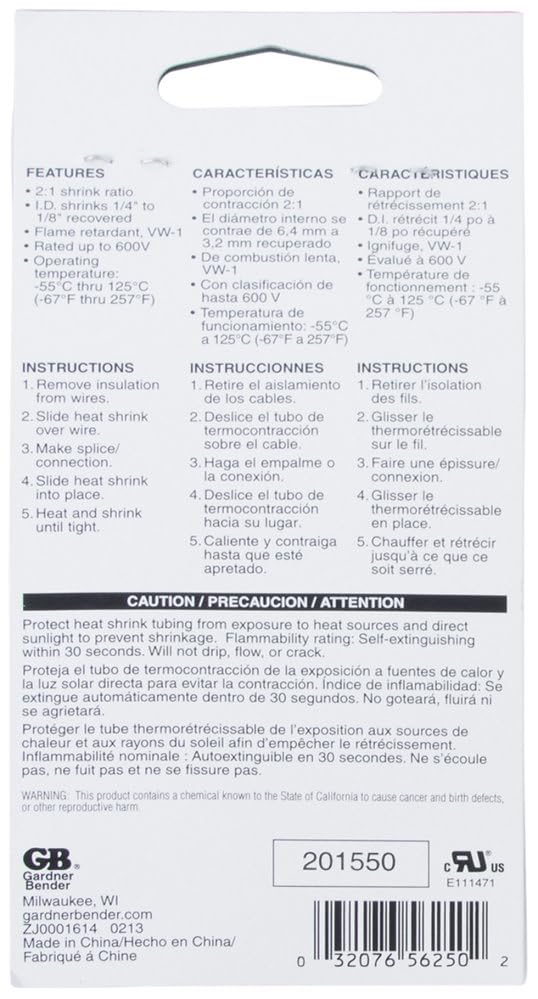 Back of Gardner Bender Heat Shrink Tubing packaging showing features, instructions in multiple languages, and caution statement. Also visible is a barcode with the number 0032076562502.