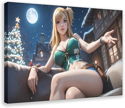 AI Japanese Anime, AI Sexy Girl, Super Long Hair, Cute Girl, Bikini, Sexy Lingerie, Double Ponytail, Ice And Snow, Christmas Tree Canvas Poster Wall Art Decor Print Picture Paintings for Living Room B
