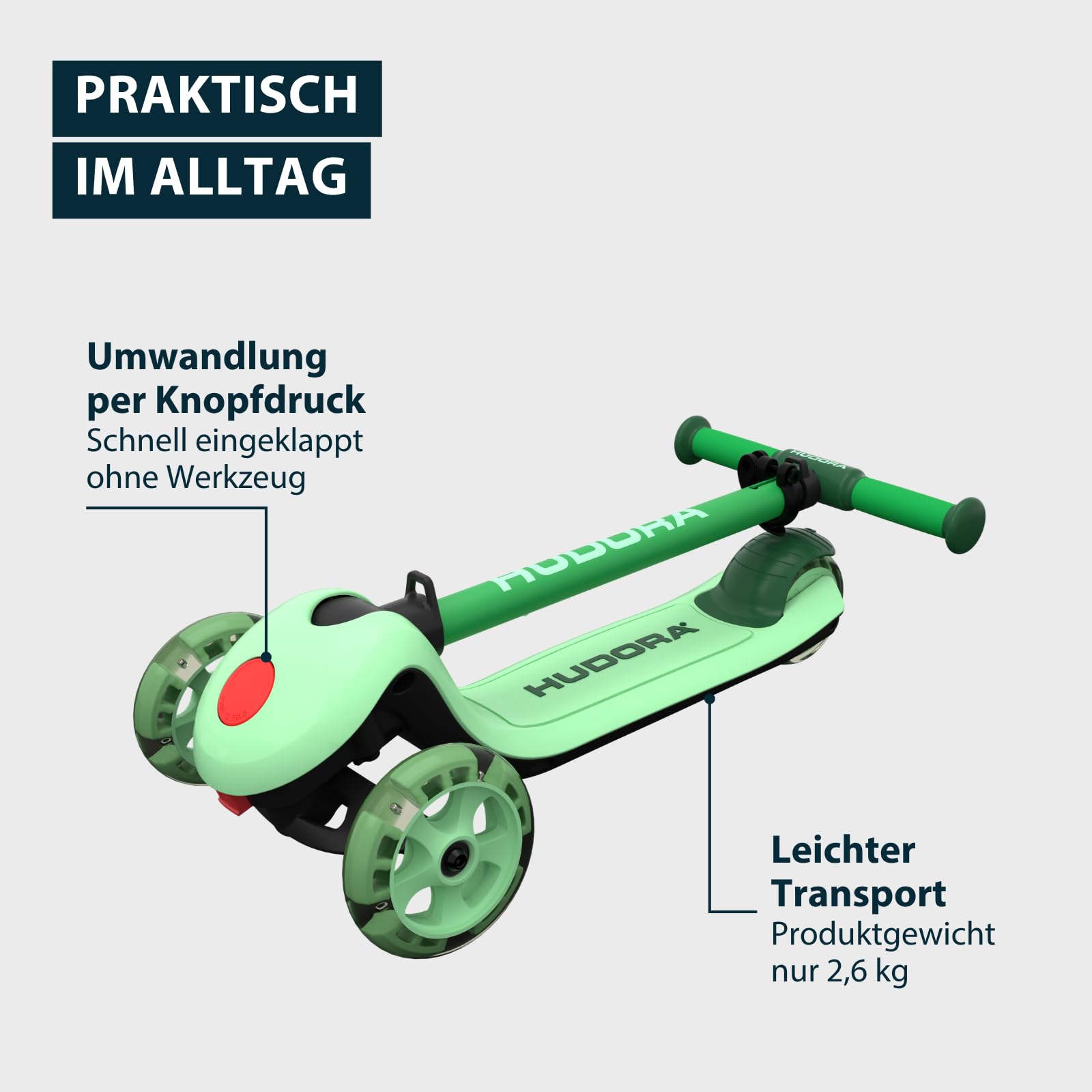 HUDORA Tri‑Scooter mit LED‑Rädern – 3‑Rad Scooter mit höhenverstellbarem Lenker – breitem Hinterrad, ABEC‑7 Kugellager, rutschfestem Deck & Hinterradbremse – Outdoor Tretroller für Kinder
