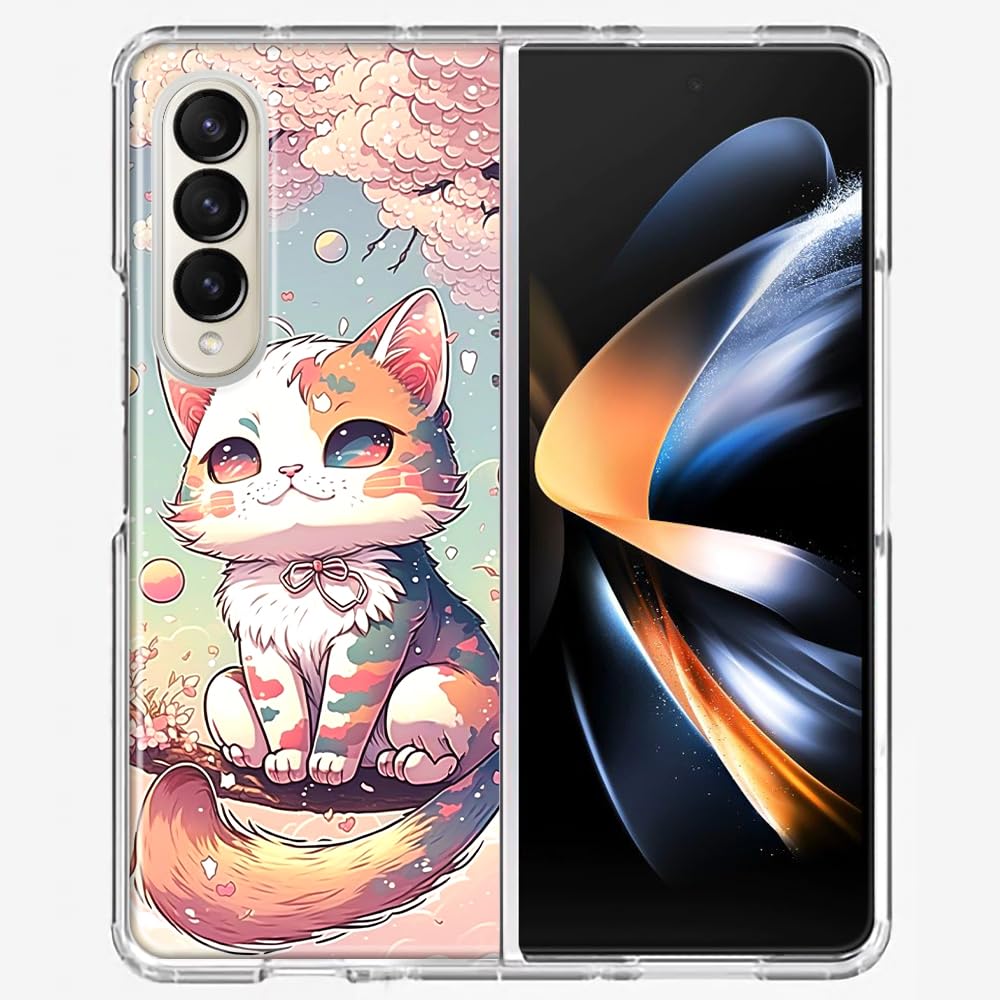 MUNDAZE - Case for Samsung Galaxy Z Fold 4 Slim Hybrid Shockproof Hard Shell Soft TPU Heavy Duty Protective Phone Cover - Kawaii Manga Pink Cherry Blossom Cute Cat