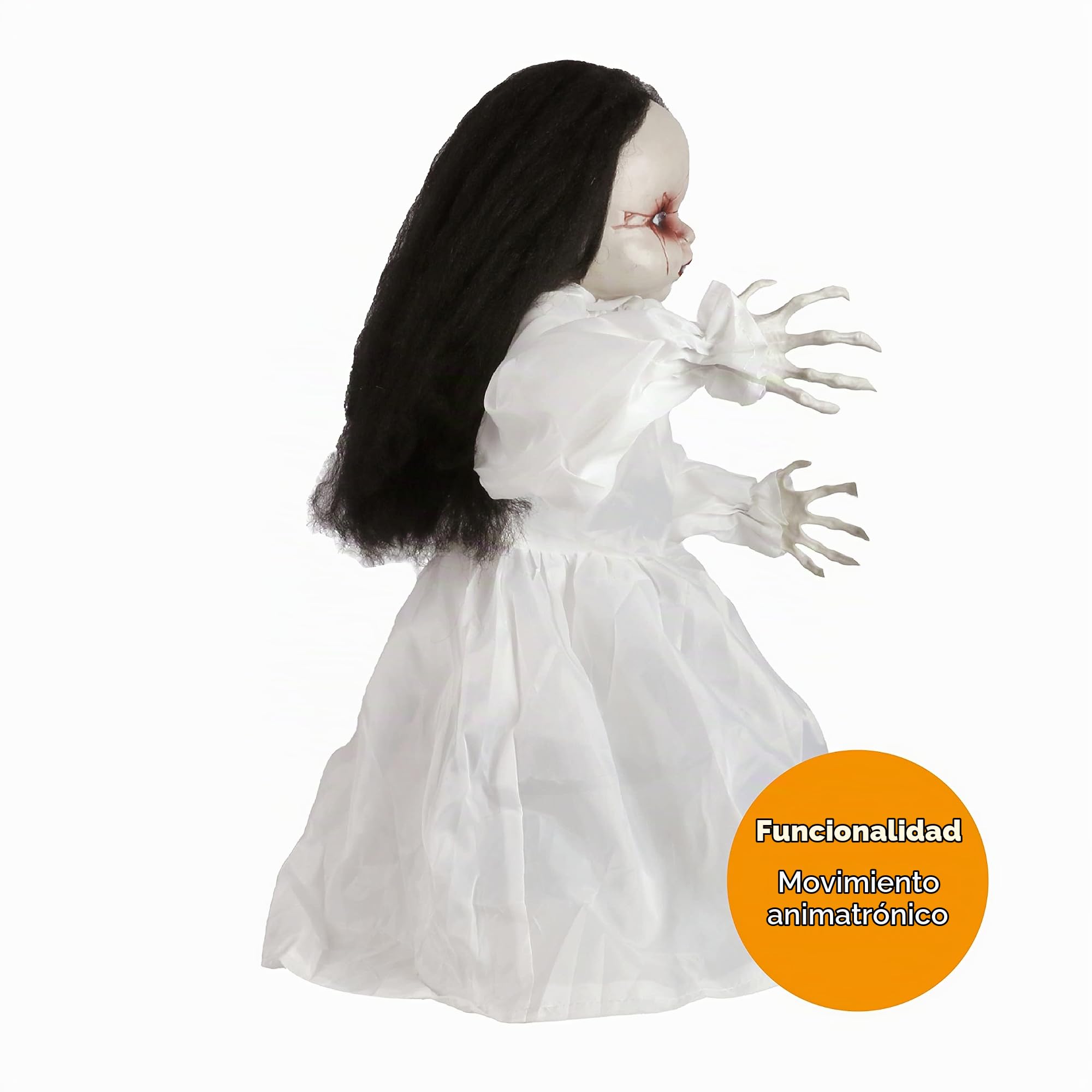 Animatronic - Muñeca Grande con Vestido Blanco de 82 cm / 32in, decoración de Halloween, Ojos Rojos con luz y Efectos de Sonido, Salta y Dice abucheo, Accesorios de Halloween, Paquete de 1