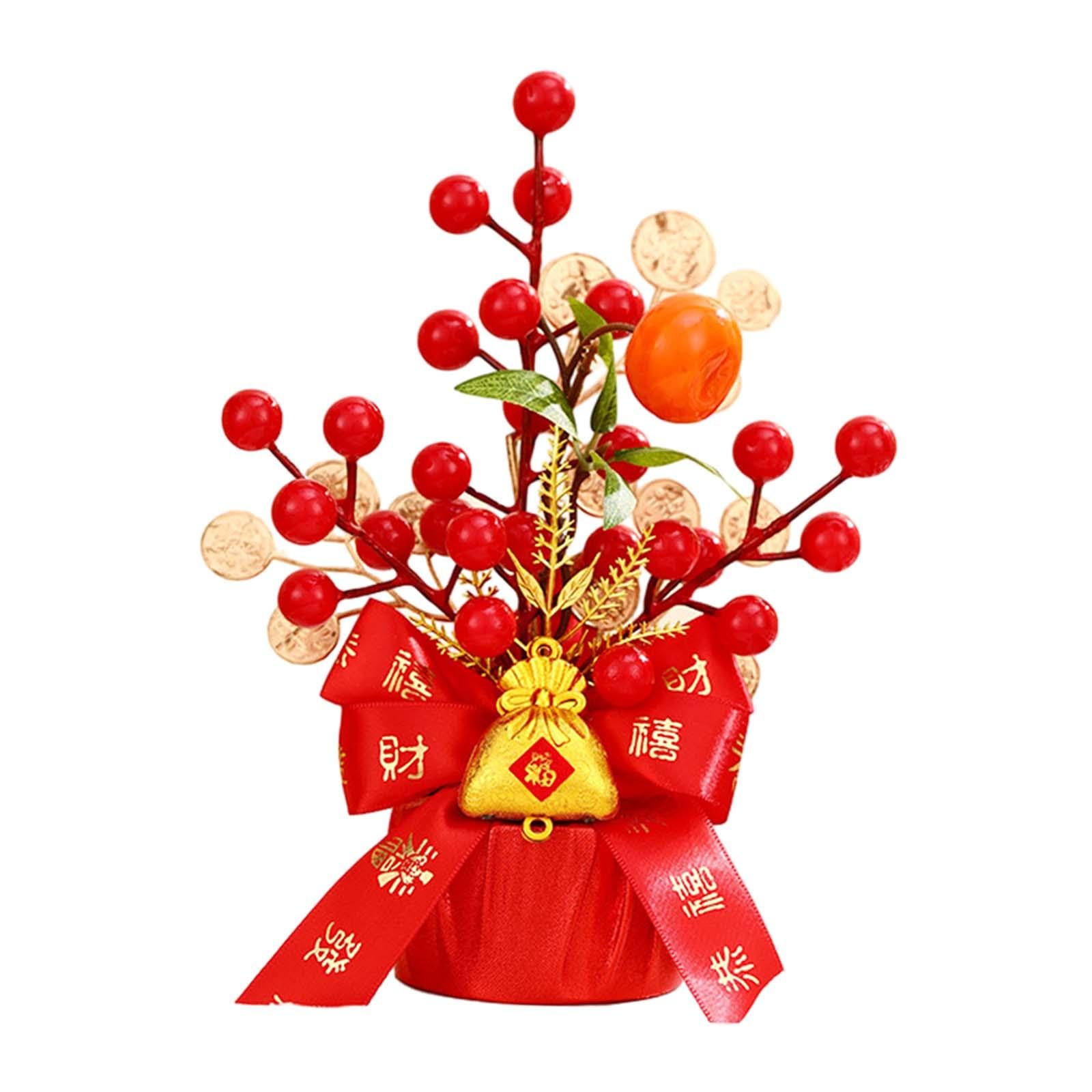 ?????? Chinese New Year Decoration Fake Flower Blessing Bucket Crafts Lucky Tree Housewarming Gift Artificial Potted for Office, Lucky Pouch