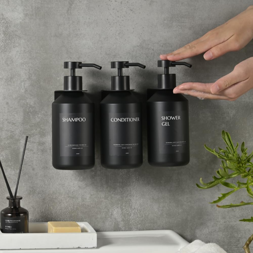 3 Pezzi 500ml Dispenser Sapone Doccia Senza Foratura, 500ml, Dispenser Sapone Bagno a Muro, Dispenser Bagnoschiuma Doccia, Con 12 Etichette Impermeabili (Bottiglia nera + testa nera)