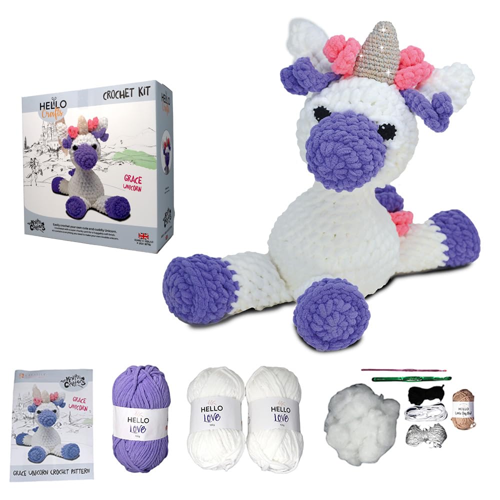 KNITTY CRITTERS – Main Collection – Grace Unicorn| Beginner-Friendly Crochet Craft Kit with Recycled Yarn