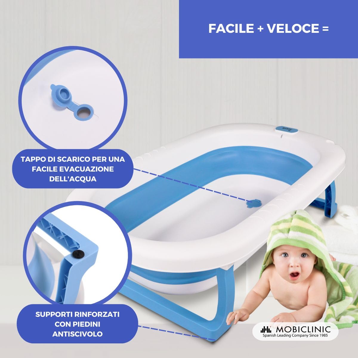 Mobiclinic® kids, Vaschetta bagnetto neonato, Pieghevole, Bubba, Design interno antiscivolo, Facile trasportare, Maniglia per appenderla, Include tubo di drenaggio, Piedini, Sicuro, Blu
