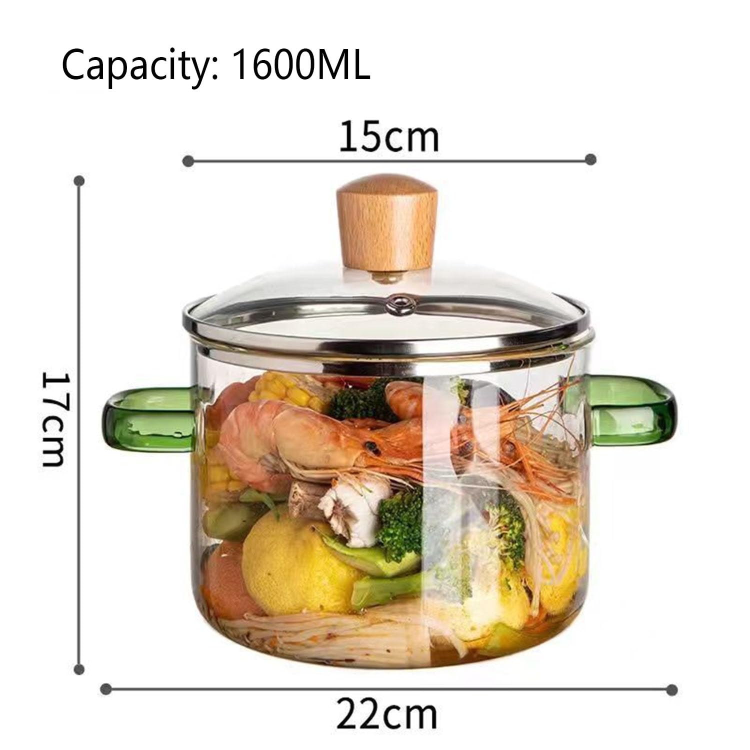 Glas-Topf, mit Deckel und Holzgriff, Glaskochgeschirr for Pasta, Nudelsuppe, Milch, Babynahrung, transparent(1600ml)
