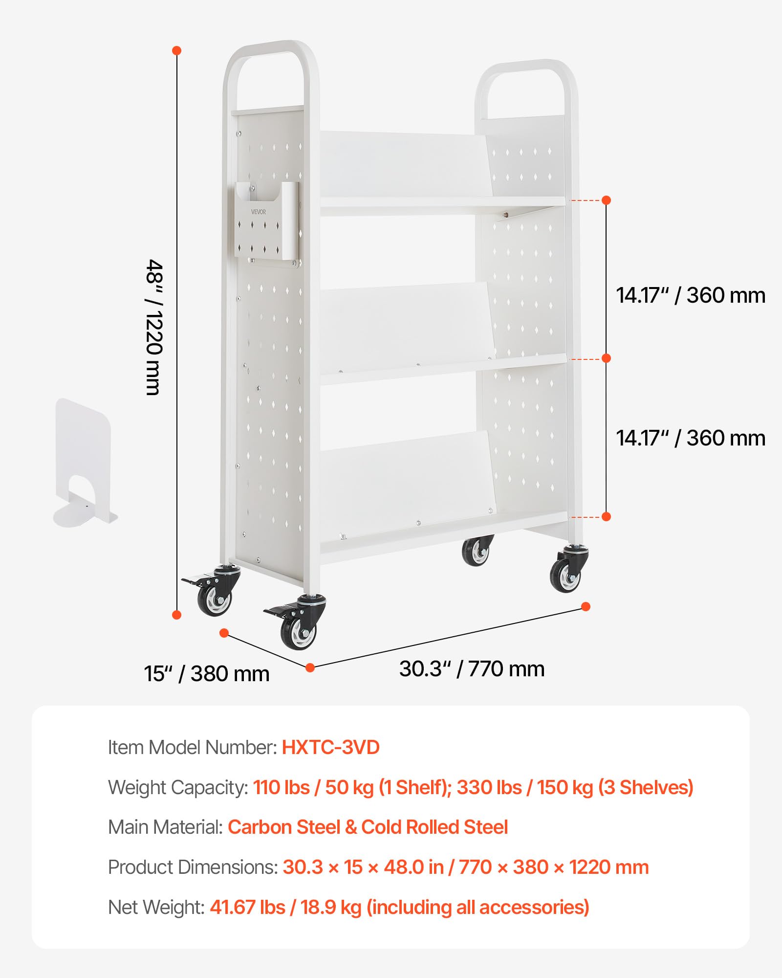 VEVOR Carrello Portalibri con Ruote 770 x 380 x 1220 mm Carrello Rotante Porta Libri, Carico 150 kg Ripiani a V Monofacciali con Ruote Bloccabili 7,6 cm per Scaffali di Casa, Ufficio e Scuola, Bianco