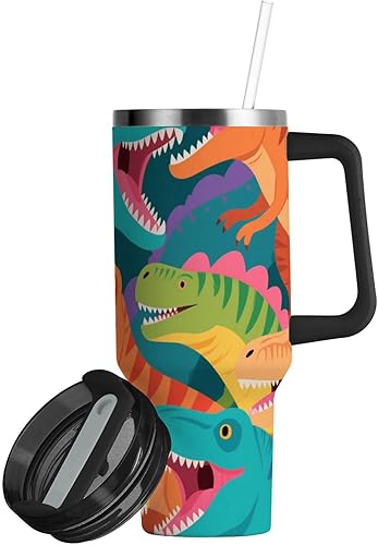 Miniatura 2 de Botellas de agua de 40 onzas de boca ancha con diseño de dinosaurios de dibujos animados coloridos con popote, resistente a las fugas, taza aislada
