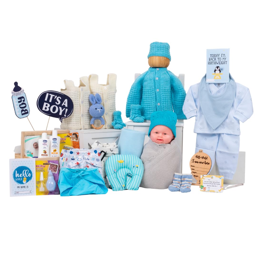 The Baby First Box Newborn Baby Essential Kit-25 Items (Winter Kit For 0-3 Months Baby Boy) Newborn Hamper Gift Set|Baby Gifts|New Born Baby Winter Clothing Gift Set (Wb1),Multi Colour-picture-22