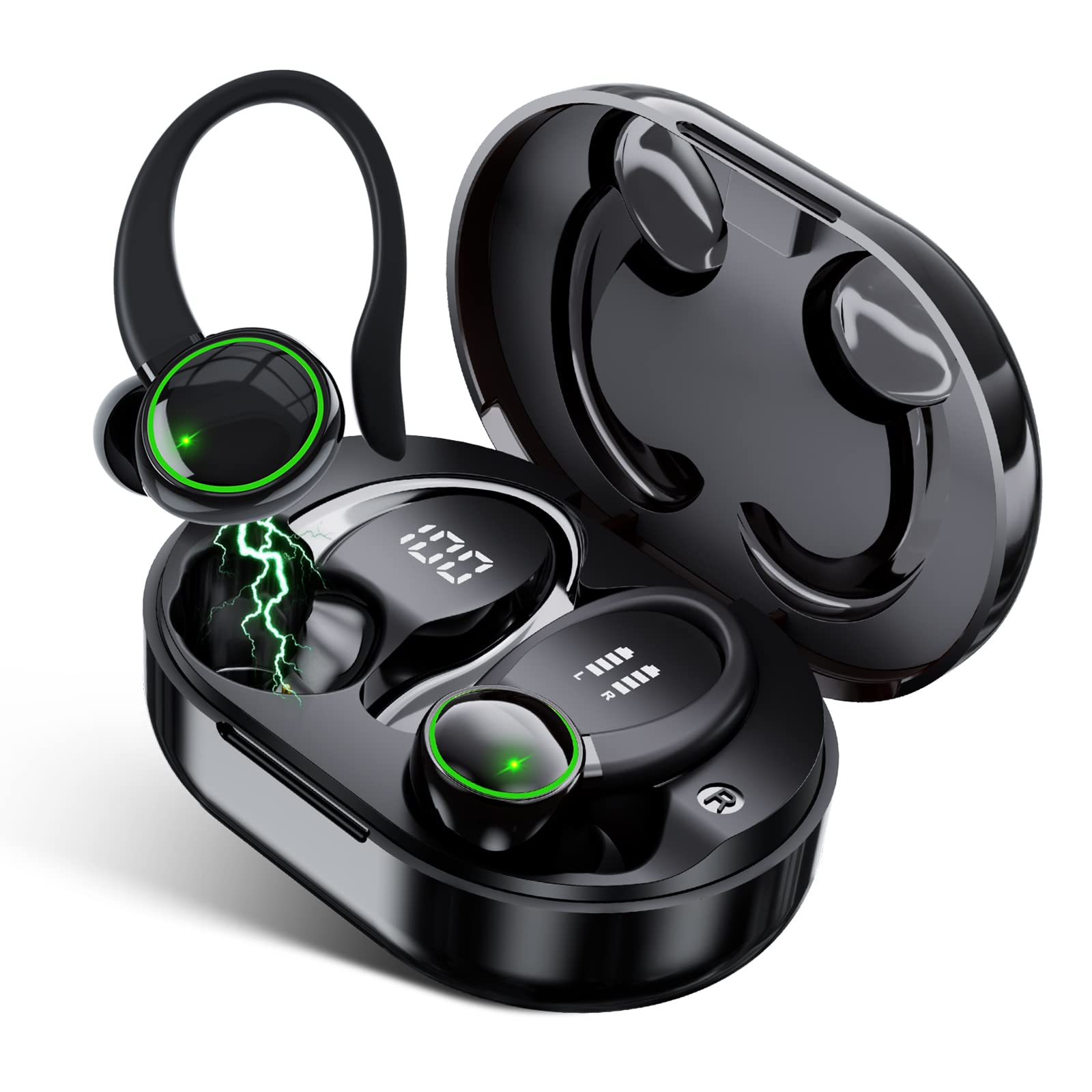 Bluetooth Earbuds 5.4 40hrs Playtime Wireless Charging Case Digital Display Sport Ear Buds with Earhooks Deep Bass IP6 Waterproof Over-Ear Earphones for Phone Laptop-image-17
