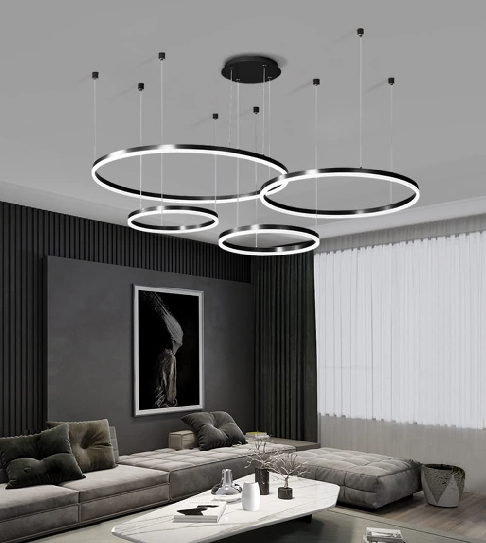 Moderne LED Pendelleuchte, 3-Ringe Kollektion, Black Farbe, Verstellbarer HäNgeleuchter, Moderne Deckenleuchte, mit Fernbedienung Dimmbar, 3000k - 6000k, mit Speicherfunktion, 68w