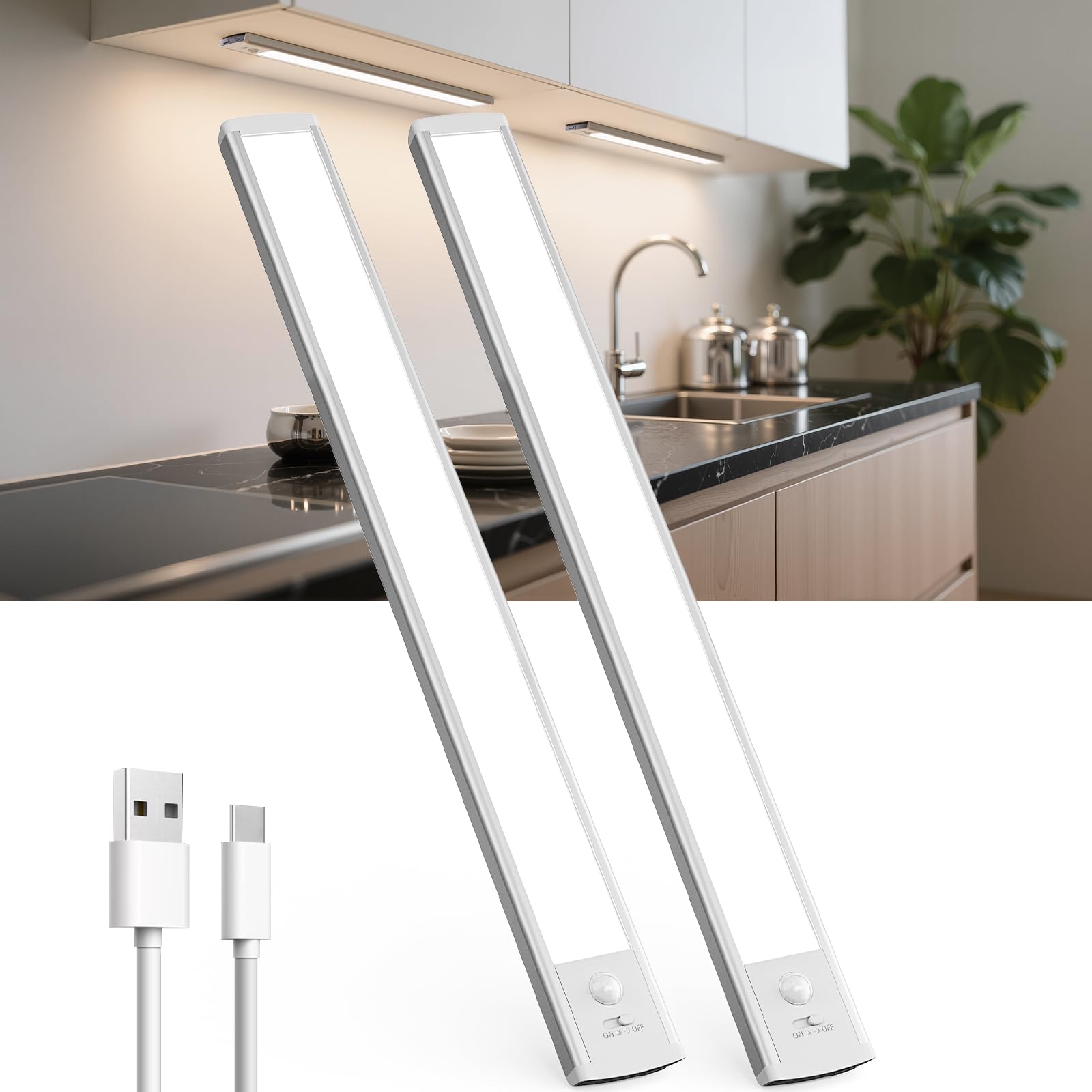 TANSOOL+ 50cm Under Cabinet Kitchen Lights, Motion Sensor Lights Indoor, USB-C Rechargeable LED Wardrobe Lights for Kitchen, Bedroom, Hallway, Stairs - 2 Pack