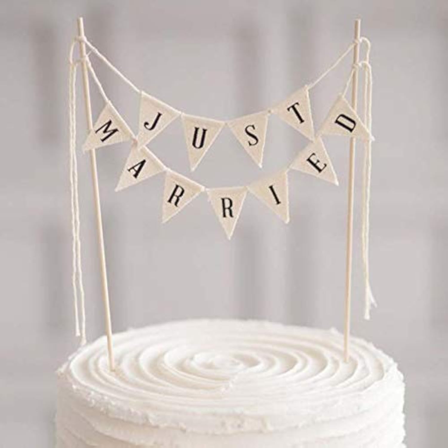 Wedding Cake Topper,Vintage Affair Rustic Just Married Wedding Cake or Cheese Bunting,Handmade Pennant Flags with Wood Pole Ivory(White)