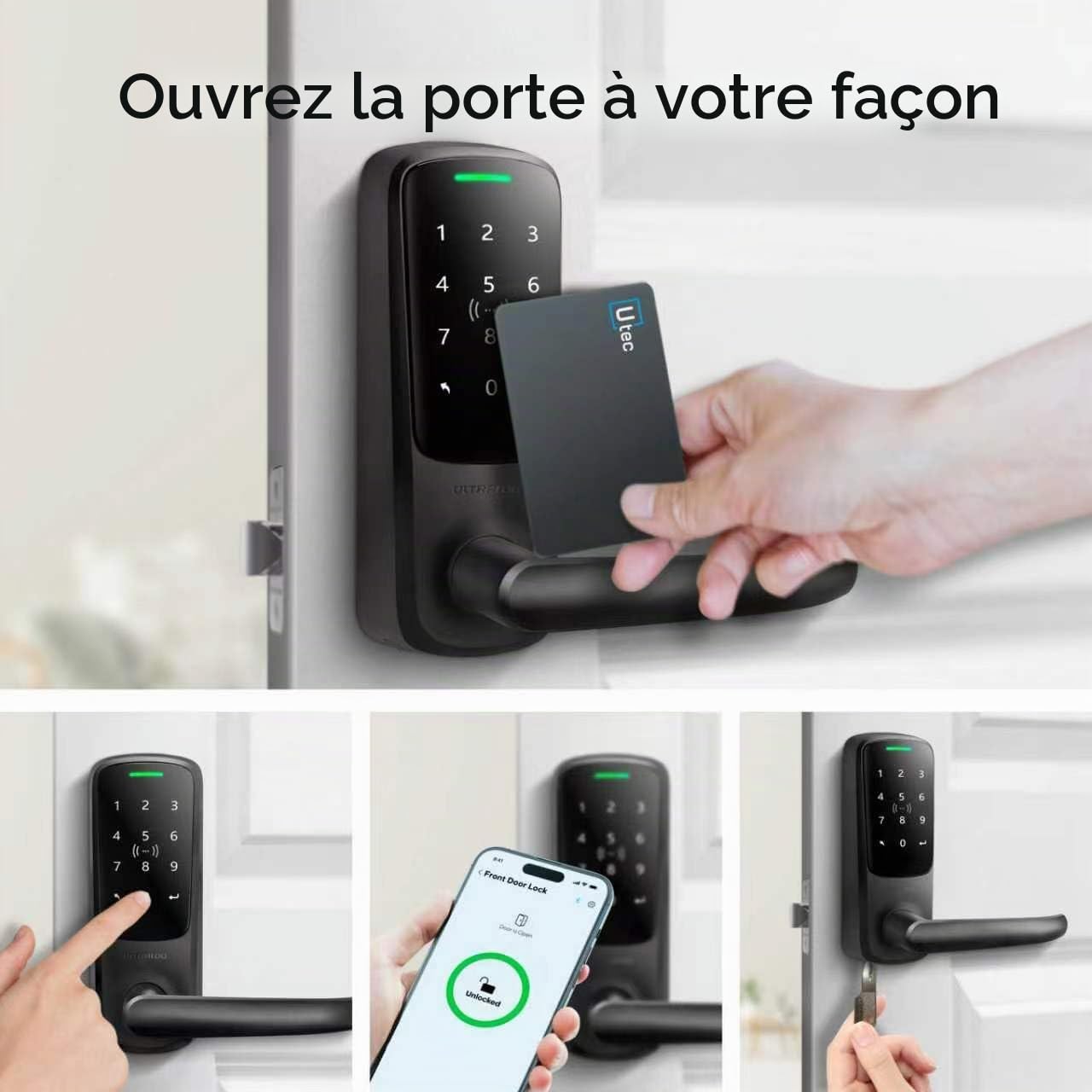 ULTRALOQ Latch 5 Serrure intelligente WiFi intégrée avec NFC, serrure de porte d'entrée sans clé 5 en 1 avec clavier numérique tactile, serrure à poignée intelligente, contrôle par application, noir
