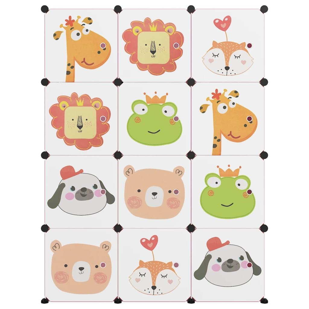 Armario infantil modular con 12 cubos, plástico PP rosa, marco de acero, 110 x 46,5 x 144 cm, apilable, ahorra espacio, con puertas y mucho espacio de almacenamiento para el orden en la