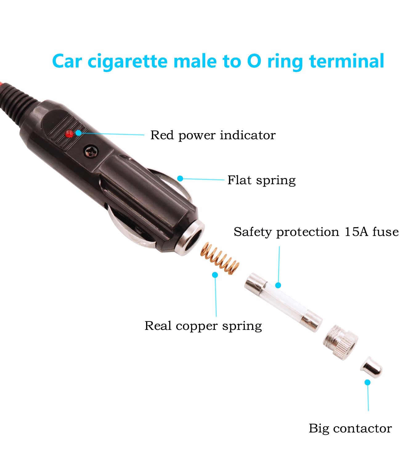Zapalniczka samochodowa do zacisku O-ring 12 V-24 V, wtyczka do zapalniczki samochodowej, kabel przedłużający z bezpiecznikiem 15 A, do pompy powietrza, kubka elektrycznego i DIY, 10stóp