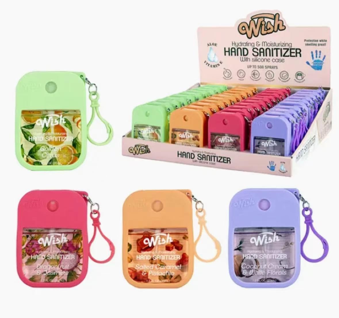 Wish Hand Sanitizer Spray Travel Size – 40 Pack (1.2 FL OZ / 35ML Each), Assorted Scents: Salted Caramel, Coconut Cream, Dragonfruit, Golden Citrux – Hydrating & Moisturizing Formula(40 Pack)