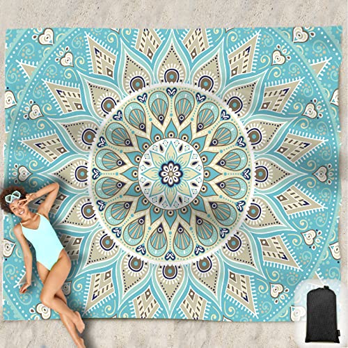 Manta de Playa Impermeable y Antiarena Sobredimensionada 95”x 80”, Alfombrilla de Playa con Bolsillos en las Esquinas, Bolsa de Malla Portátil para Festival de Playa, Picnic, Viajes y Camping al Aire Libre (Verde Azulado)