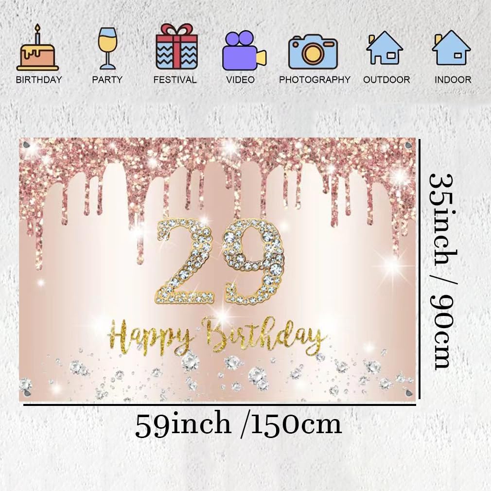 Happy 29th Birthday Hintergrund-Banner – 150x90 Cm, Vinyl, Rosegold Mit Glitzer, Für Fotohintergrund & Deko
