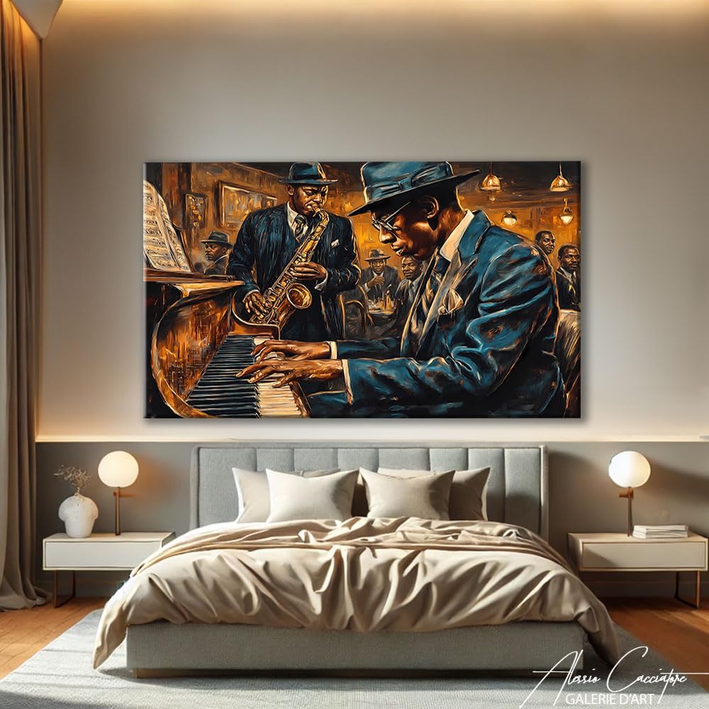 Alessio Cacciatore Quadro Jazzmann - Poster decorativo da parete musicale - Stampa su tela africana - Quadro sassofonista - Decorazione da parete bar - Tela moderna Design Soggiorno (60 x 40 cm)