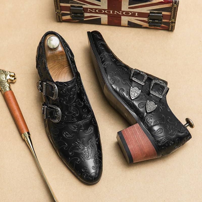 Men Pointed Toe Formal Dress Leather Shoes Personality Monk-Strap Slip-On Oxford Loafer Chunky Heel Arch Support Low Top Bootie3