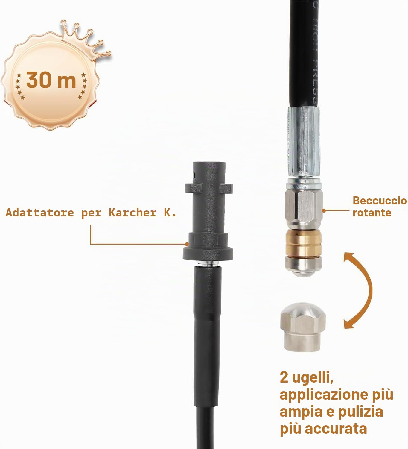 Gekufa Tubo Idropulitrice 30m, 200 bar inkl. Sonda Sturatubi per Idropulitrice Compatibile con Karcher, Parkside, Lavor, Bosch, Adatto per la Pulizia dei Tubi di Scarico