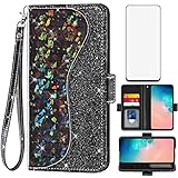 Asuwish Phone Case for Samsung Galaxy S10e Wallet Cover with Screen Protector and Wrist Strap Flip Credit Card Holder Bling Glitter Stand Cell Glaxay S 10e Gaxaly 10se Galaxies Se10 Women Girls Black
