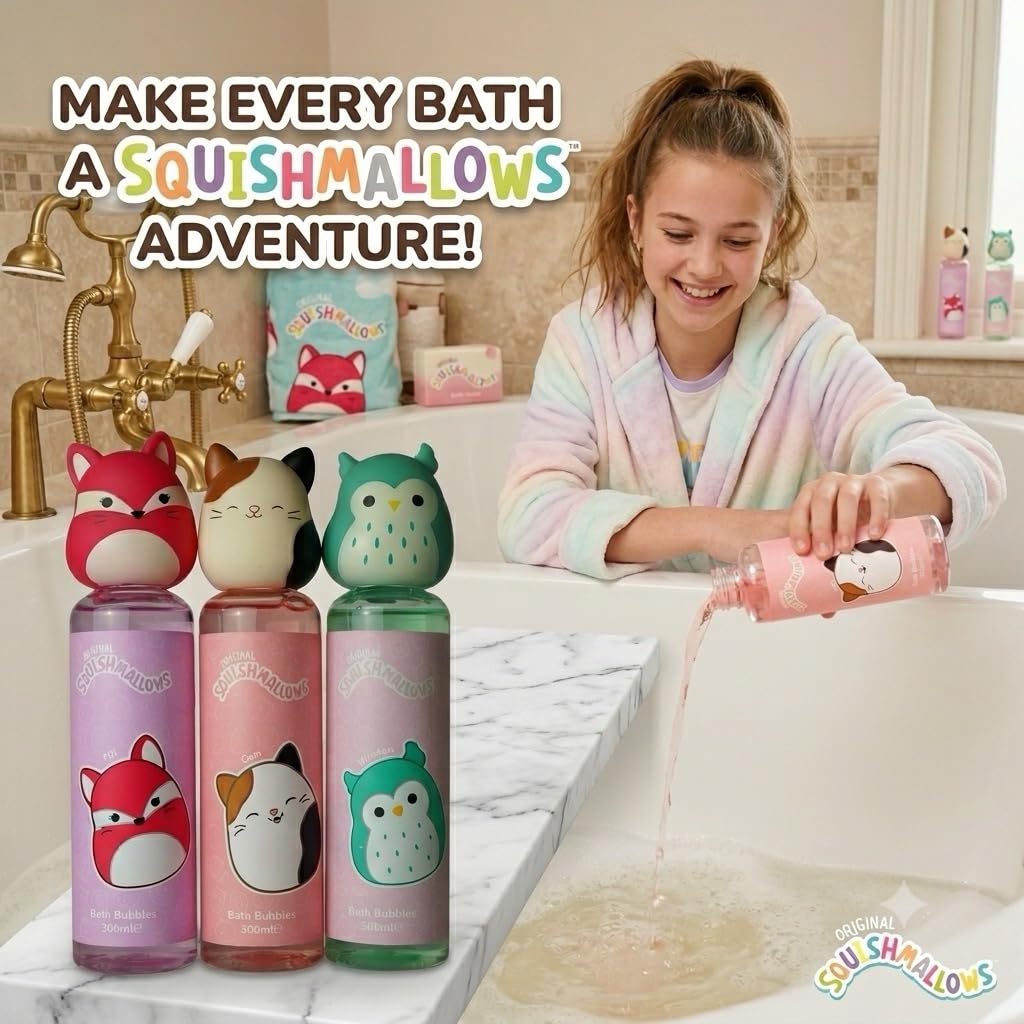Squishmallows - Baño de burbujas para niños, 300 ml cada uno, Foxy Fruity, Cam Purrfect, Winston Feelin' Mallow, divertidas botellas coleccionables de personajes con tapas blandas