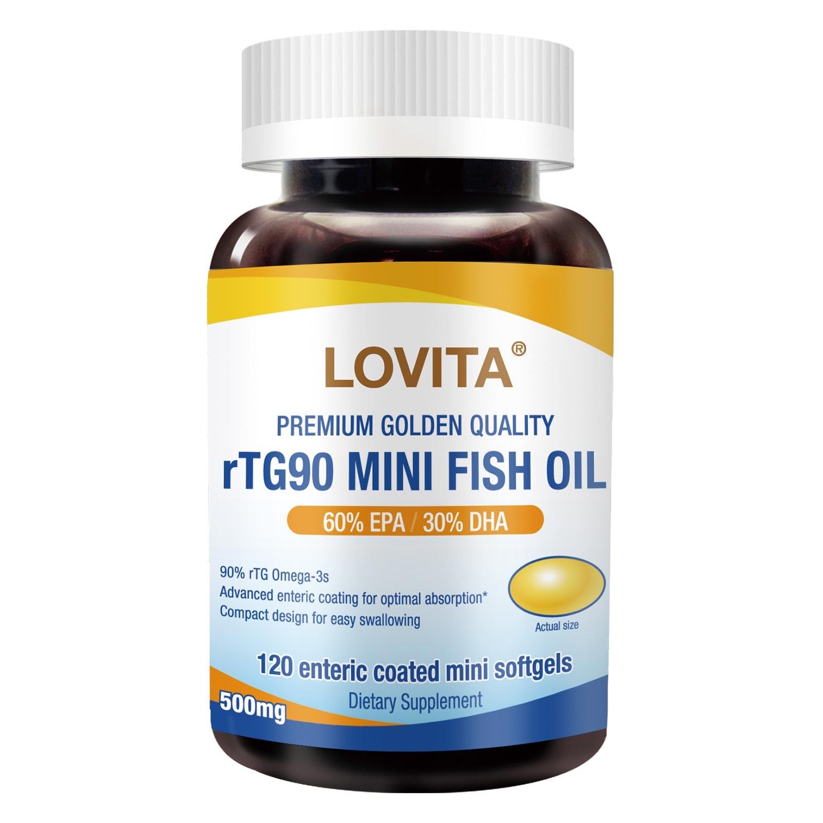 Lovita rTG 90 Mini Fish Oil, 2000mg Daily| High Absorption rTG Form, 90% Omega-3 | Burpless, Easy to Swallow | Support Healthy Heart, Brain and Eyes | 120 Enteric-Coated Softgels