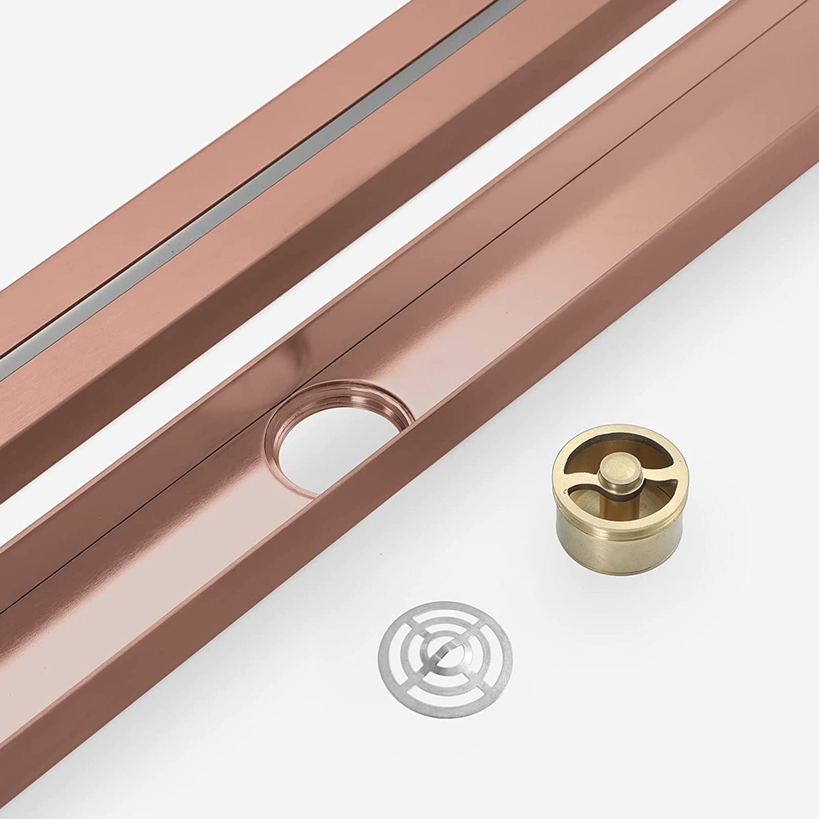 Scarico doccia lineare 60 cm, scarico doccia oro rosa con griglia rimovibile, scarico a pavimento in acciaio inossidabile con filtro per capelli, copertura scarico doccia bagno