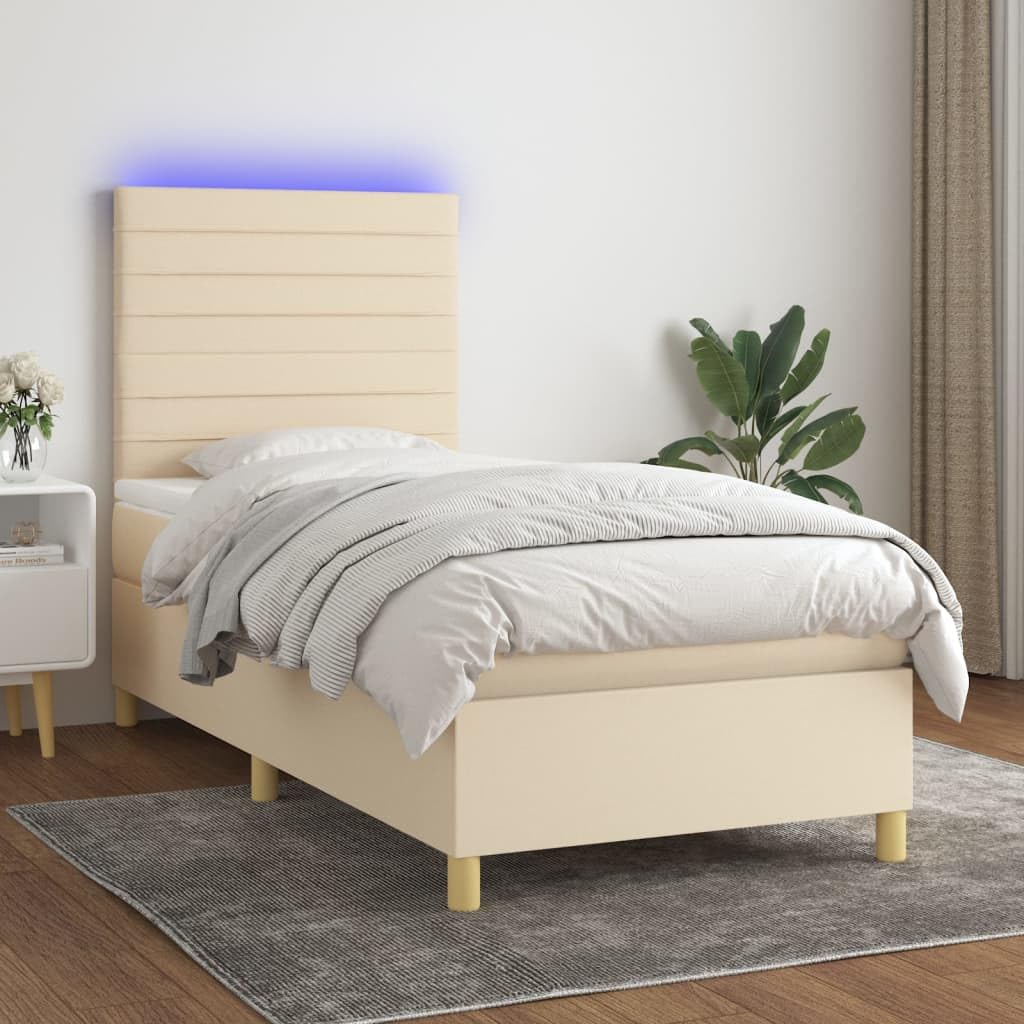 Tkanina z regulowanym zagłówkiem LED 90x190 cm kremowy | Łóżko kontynentalne z materacem sprężynowym i LED, kremowe 90x190 cm, tkanina, zagłówek regulowany, zestaw do sypialni