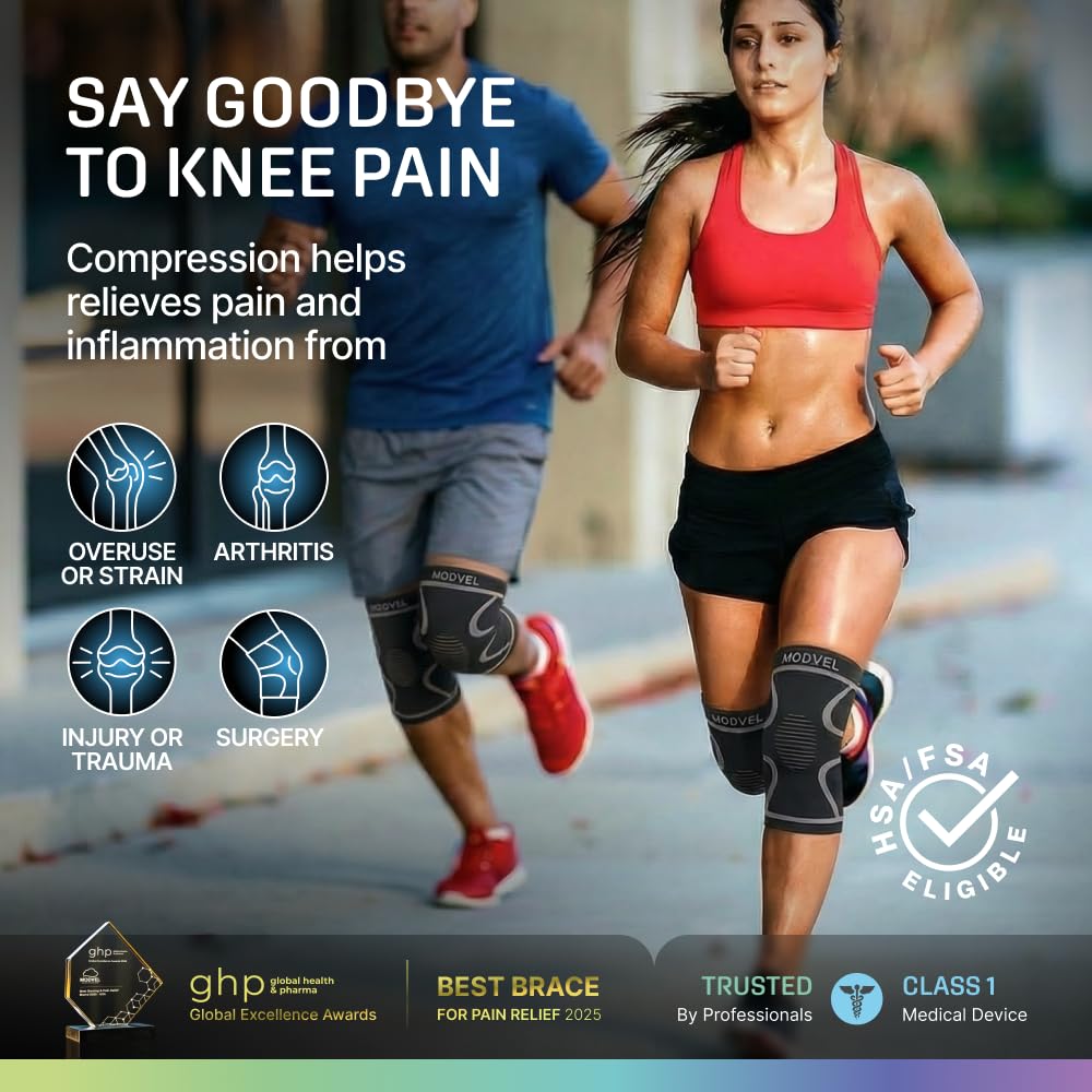 Modvel MODVEL Compression Knee Braces for Men & Women - XS to XXX-L Pair of Knee Braces for Knee Pain, Support Sleeve, Workout Sports Knee Braces for Meniscus Tear, ACL & Arthritis Pain Relief in use