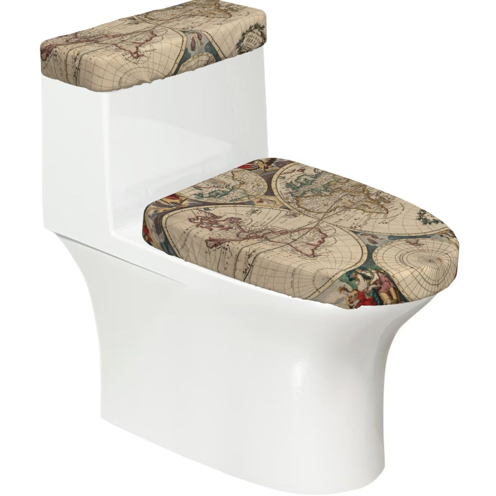 World Map Retro Print Bathroom Decor Toilet Lid Cover And Tank Covers, Restroom Accessories Fits Most Round