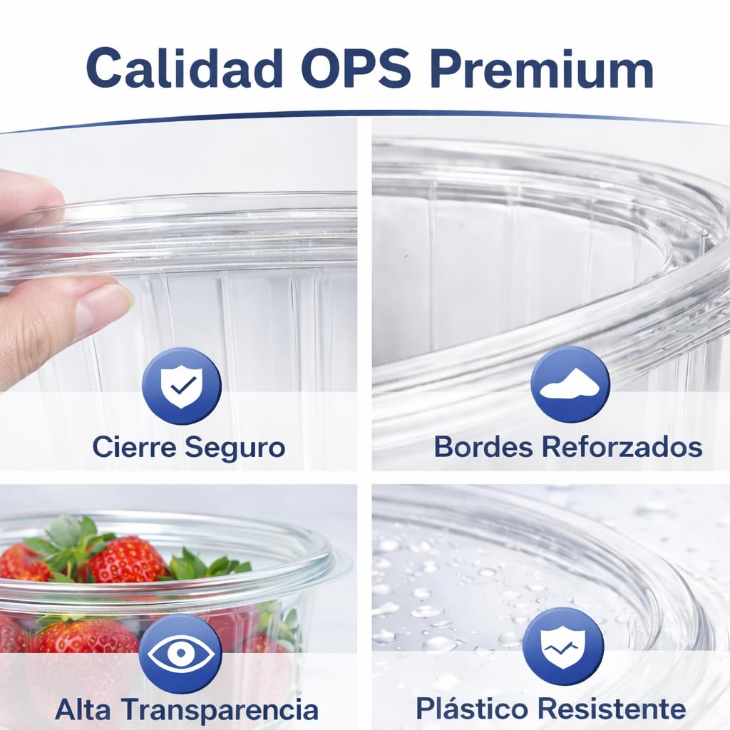 Tarrinas de Plástico OPS con Bisagra, 250 ml, Transparentes, Pack 100 Unidades, Recipientes Desechables para Comida Fría, Ensaladas, Postres, Hostelería y Take Away (250cc)