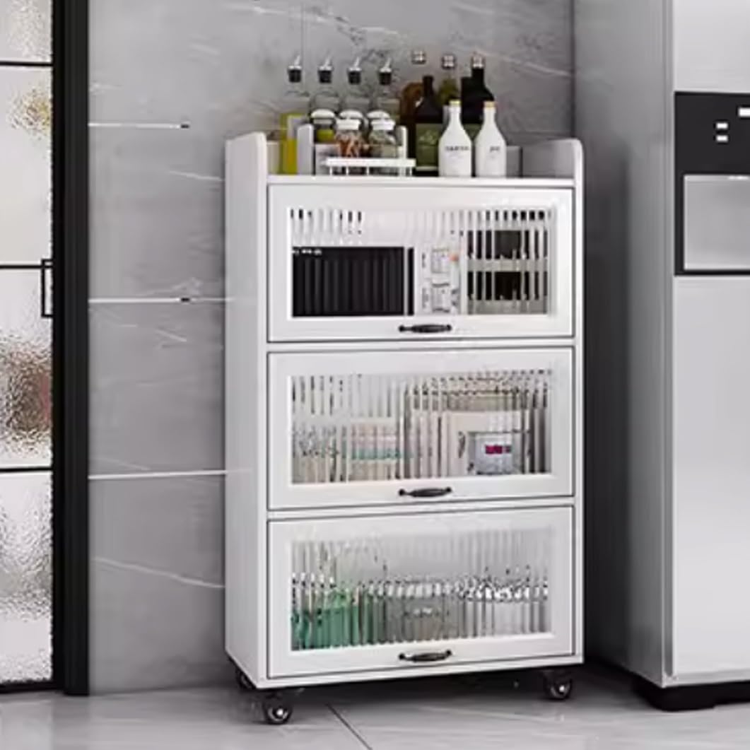YVYKFZD Rolling Spice Rack, Slim Storage Cart, Mobile Kitchen Utility Cart with Wheels and Tempered Glass Doors, Narrow Standing Shelf, Space Saving Bathroom Organizer(White,4 Tier 15.7"x15.7"x50.5")