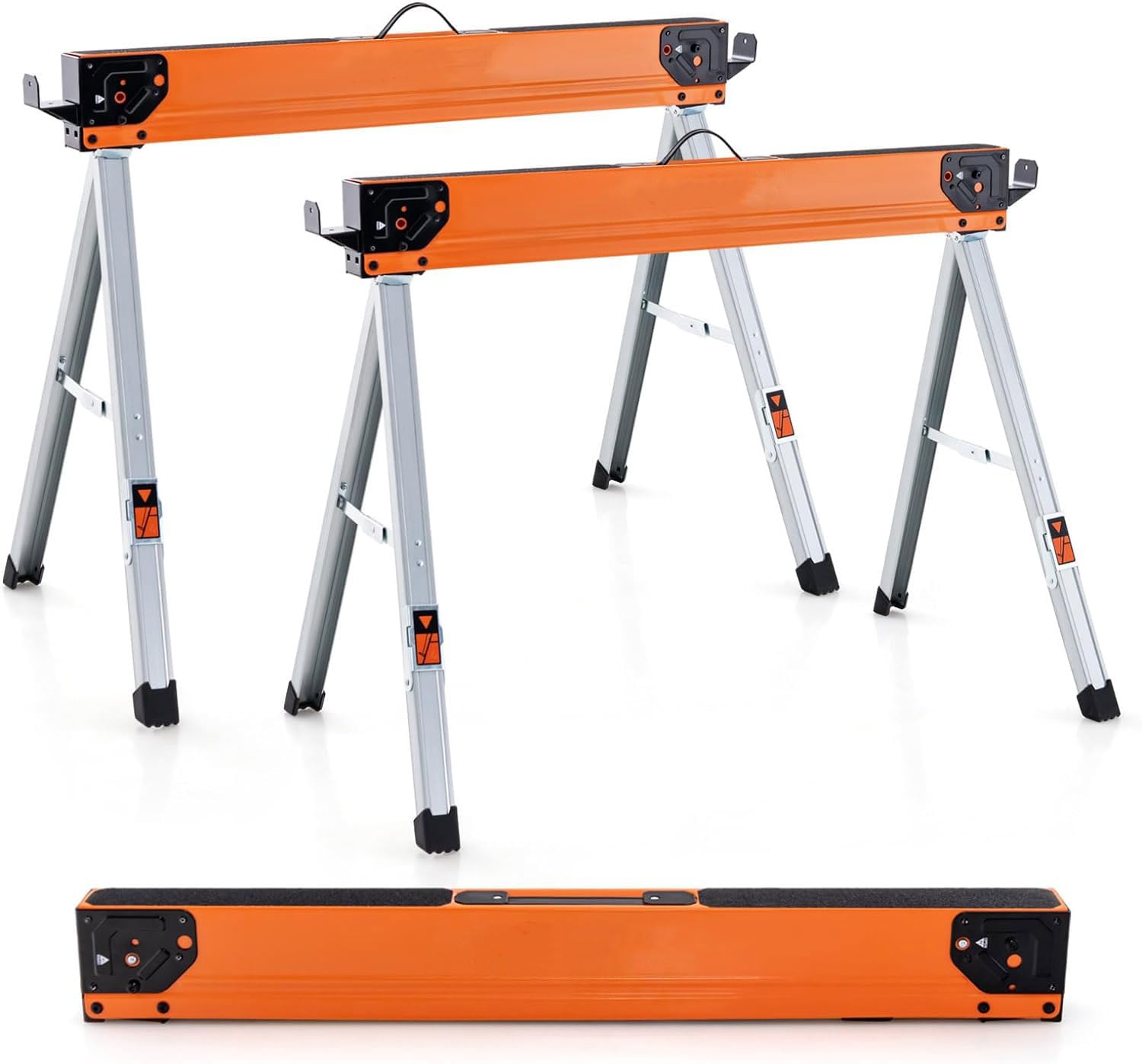 GOLUS Lot de 2 Chevalets de Sciage Pliables, 2 Tréteaux de Scie avec Patins Antidérapants, Structure Triangulaire, Charge Capacité 500 KG, pour Découpe, Sciage, Bricolage(Orange+Argent)