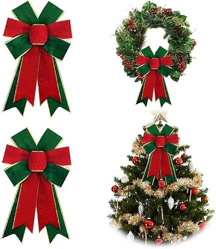 2 lazos de Navidad para coronas, lazos de corona de Navidad, lazos de terciopelo rojo y verde, lazos de borde dorado para puerta delantera,