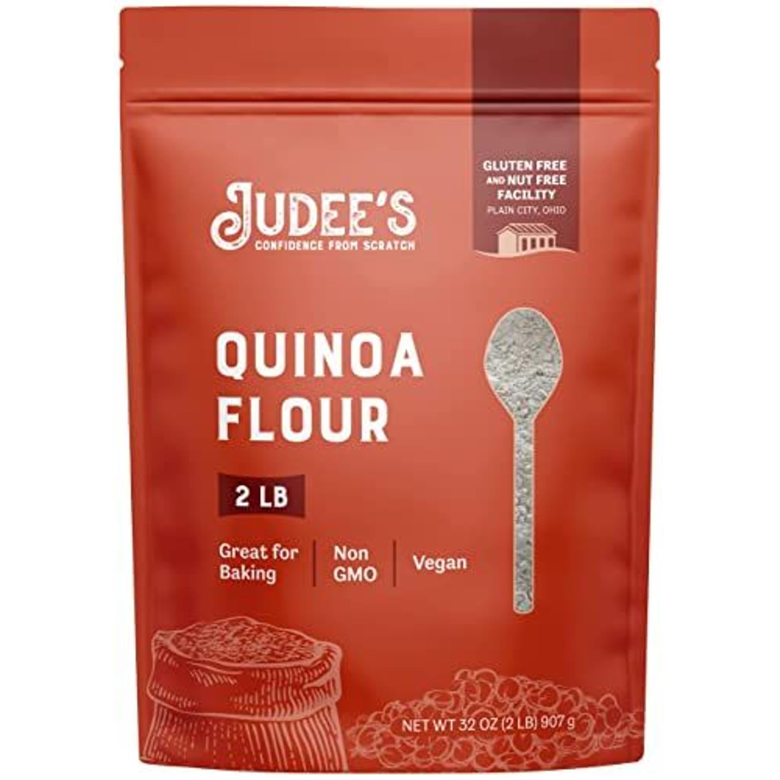 Judee's Quinoa Flour 2 lb - Made In USA, Non-GMO, Vegan - Great for Making Pancakes, Muffins, Pie Crusts, Quiches, and Breads - Made in a Dedicated